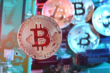 Golden Bitcoins. New virtual money. Studio shot