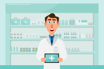Fototapeta na wymiar pharmacy with doctor in counter. drugstore cartoon character