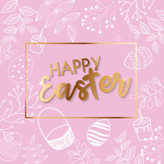 Vector Happy Easter black typographic calligraphic lettering with scribble egg frame and colorful paper flowers isolated on pink background. Retro holiday easter badge.