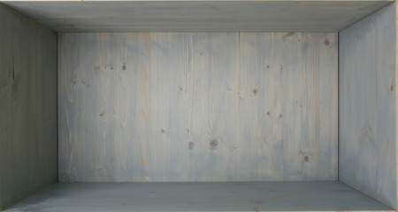 Empty blue painted wooden shelf. Wood shelf cupboard with grunge aging surface as background.