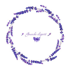 Gouache floral wreath with lavender. Hand-drawn clipart for art work and weddind design.