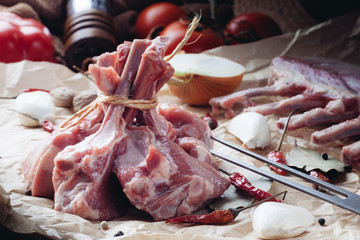 Raw Irish lamb chop and Racks of lamb ready for cooking, on a paper
