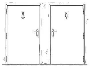 Cartoon drawing of two public toilet or restroom door with lady and gentleman or man and woman symbols.