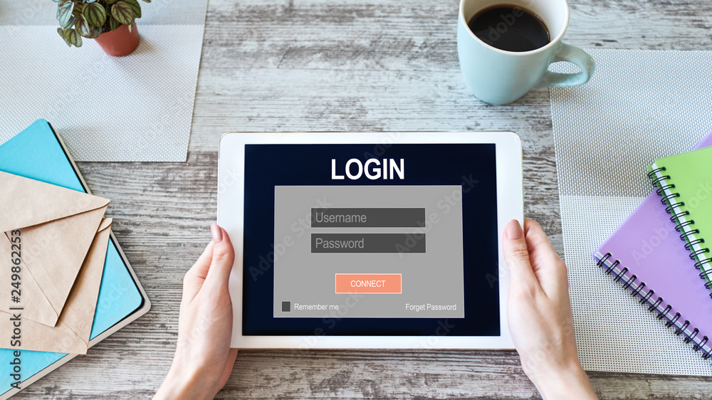 Poster access window. enter login and password. cyber protection. information privacy. internet and technol