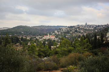 Green hills of Jerusalem with different buildings. Orthodox church and home. Trees and shrubs
