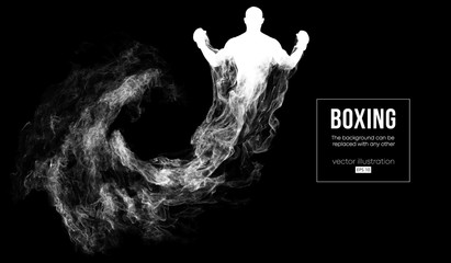 Abstract silhouette of a boxer, mma, ufc fighter on the dark, black background from particles, dust, smoke, steam. Boxer is winner. Background can be changed to any other. Vector illustration