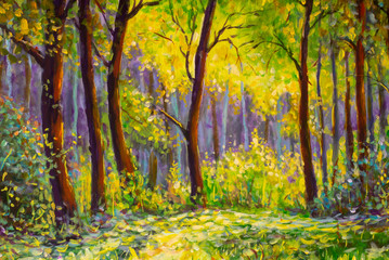Original oil painting, contemporary style, made on stretched canvas Sunny Park forest wood - green trees in the sunlight © weris7554