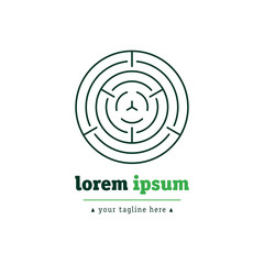 The cut of a tree in the circle shape and labyrinth logo template. For timber and woodworking companies. Creative and modern symbol for company identity, advertising, poster, leaflet, web and flyer.