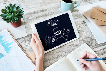 SEO - Search engine optimization. DIgital marketing concept on screen.