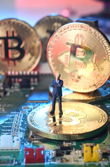 Golden Bitcoins. New virtual money. Studio shot