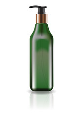 Blank green cosmetic square bottle with pump head for beauty or healthy product. Isolated on white background with reflection shadow. Ready to use for package design. Vector illustration.