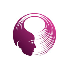 Beautiful head of a young girl with hair logo template. For hairdressers and beauty salons. Creative and modern symbol for company identity, advertising, poster, leaflet, banner, web and flyer.