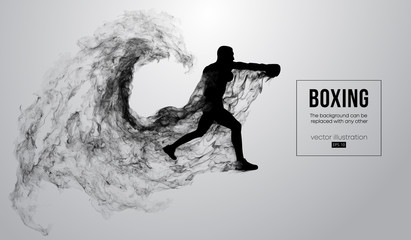 Abstract silhouette of a boxer, mma, ufc fighter on the white background from particles, dust, smoke, steam. Boxer is winner. Background can be changed to any other. Vector illustration