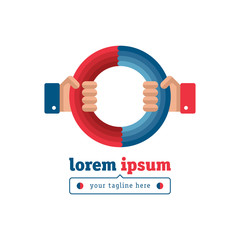 Two hands holding blue and red halves of the circle logo template. For coach centers, schools and universities. Creative and modern symbol for company identity, advertising, poster and flyer.