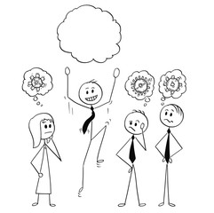 Cartoon stick figure drawing conceptual illustration of group of businessman and businesswoman on brainstorming thinking and one of them got an idea.