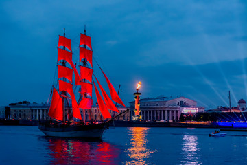 Rehearsal of the passage of the sailing ship on the Neva on the eve of a holiday of graduates...
