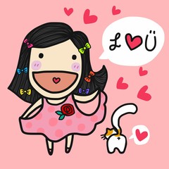 Cute woman and cat say I love you cartoon doodle vector illustration