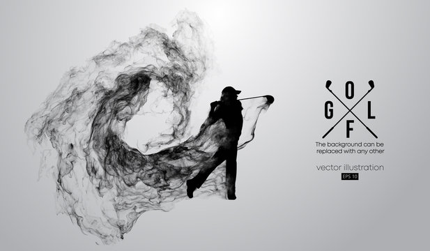 Abstract silhouette of a golf player, golfer on the white background from particles, dust, smoke, steam. Golfer kicks the ball. Background can be changed to any other. Vector illustration