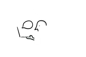 stickman holding a laptop with a speach bubble 