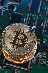 Golden Bitcoins. New virtual money. Studio shot