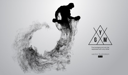 Abstract silhouette of a bodybuilder. gym logo on the white background from particles, dust, smoke, steam. Bodybuilder training. Background can be changed to any other. Vector illustration