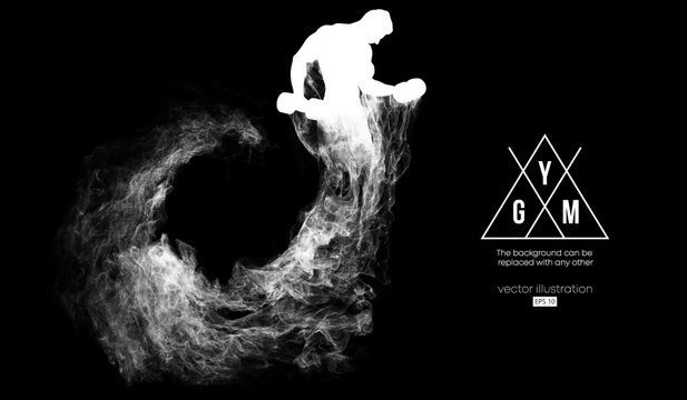 Abstract silhouette of a bodybuilder. gym logo on the dark, black background from particles, dust, smoke, steam. Bodybuilder training. Background can be changed to any other. Vector illustration