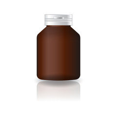 Blank brown round supplements or medicine bottle with cap lid for beauty or healthy product. Isolated on white background with reflection shadow. Ready to use for package design. Vector illustration.