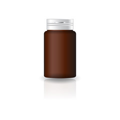 Brown cylinder supplements or medicine bottle with cap lid for beauty or healthy product. Isolated on white background with reflection shadow. Ready to use for package design. Vector illustration.