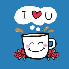 I love you coffee cup and roses cartoon vector illustration