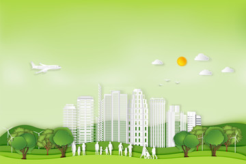 Paper art , cut and craft style of green eco urban city with people and nature cityscape background as Ecology design and environment conservation creative idea concept. Vector illustration.