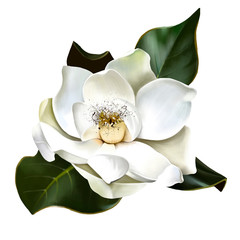 Fototapeta na wymiar Delicate white Magnolia, with green leaves with a highlight, with spray paint elements, close-up on a white background, like a logo or a greeting card