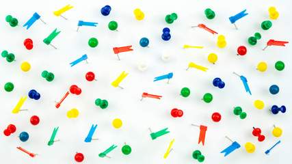 Set of colorful color push pins Thumbtacks. top view isolated on white background