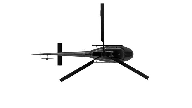 Aerial Top View Of Flying Black Metal Rotating Blades Helicopter Isolated On White Background With Alpha Mask Channel Motion Footage.