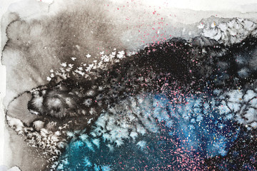 Bright watercolor blue pink purple red stain drips blobs. Abstract illustration