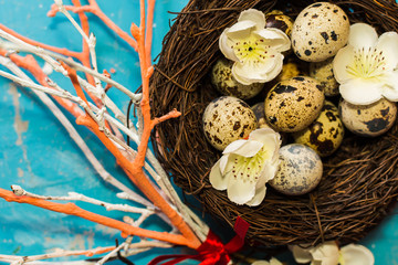 quail eggs in the nest. colored dry branches. happy Easter