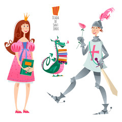 Princess, knight with a rose and dragon with books. Diada de Sant Jordi (the Saint George’s Day). 