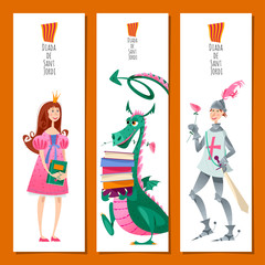 Set of universal bookmarks with princess, knight and dragons. Diada de Sant Jordi (the Saint George’s Day). Congratulations. Template.