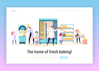Kitchen Worker Make Bakery Product Landing Page. Happy Male and Female Chef Character Prepare Meal. Fresh Bakery Design Concept Website or Web Page. Flat Cartoon Vector Illustration
