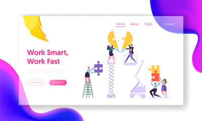 Creative Teamwork Idea Business Innovation Concept Landing Page. Young People Character Collecting Puzzle Piece of Light Bulb Website or Web Page. Motivation Flat Cartoon Vector Illustration