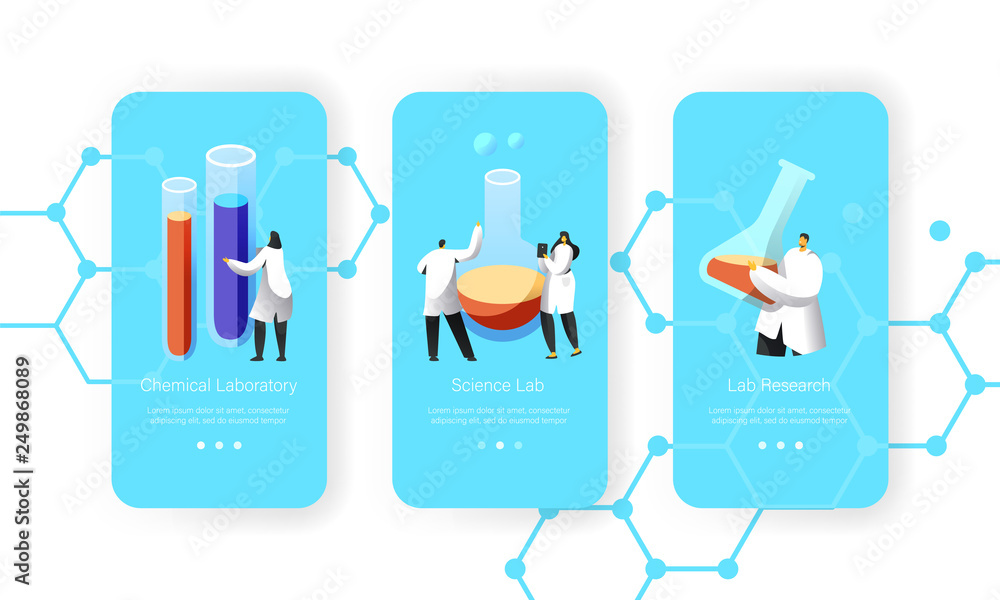 Poster scientist hold in hand flask with chemical liquid mobile app page onboard screen set. laboratory cha