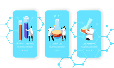 Scientist Hold in Hand Flask with Chemical Liquid Mobile App Page Onboard Screen Set. Laboratory Character made Successful Experiment. Lab Research for Website Flat Cartoon Vector Illustration