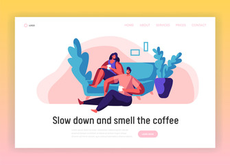 Lovers Couple Relax Landing Page. Man and Woman Sit on Comfortable Couch Website Template. Smiling Pair Drink Tea or Coffee. People Leisure Lifestyle Flat Cartoon Vector Illustration