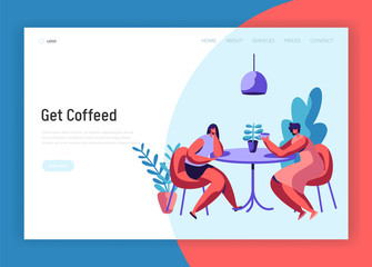 Two Girl or Pair of Female Friend Sit at Table Drink Coffee and Talk Landing Page. Woman Friendly Meeting and Conversation at Cafe Website Template. Flat Cartoon Vector Illustration