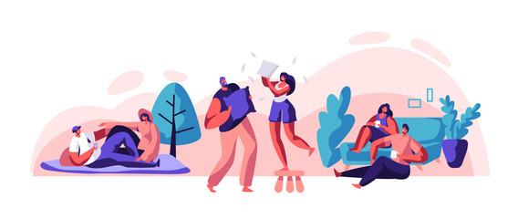 Lovers Couple Relax Spend Time Together Set. Man and Woman Sit on Comfort Sofa Drink Tea or Coffee. Happy Pair Picnic at City Park. Carefree Pillow Fight Flat Cartoon Vector Illustration