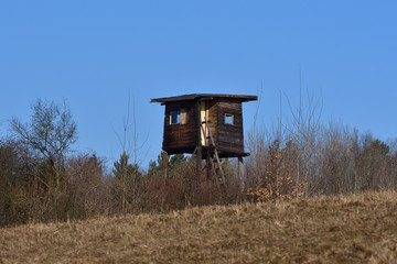 wooden hidden cottage for hunting in the forest meadow