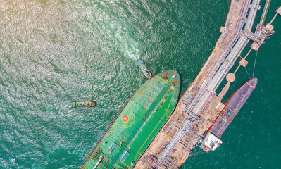 Ship oil tanker and LPG gas in port for export at sea. Aerial view