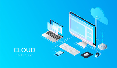 Cloud computing technology users network configuration isometric advertisement poster with pc monitor tablet phone laptop vector illustration