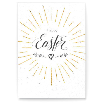 Poster Happy Easter festive greeting. Design of calligraphy lettering on white background. Handwritten text, doodle with golden glittering rays. Retro label for religious holiday. Vector illustration