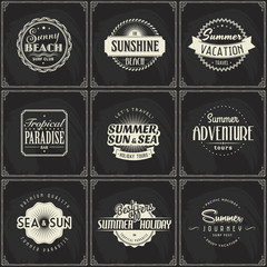 Summer travel and beach party blackboard logo set 