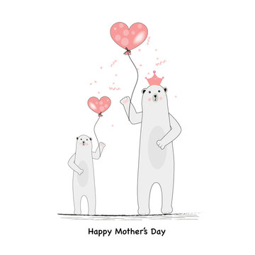 Mother Polar bear. Mama Bear. Cute Polar Bear holding heart balloon. Happy Mother's Day greeting card